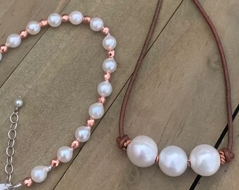 Pearl Jewelry Set: Akoya Bracelet & Freshwater Pearl Leather Necklace