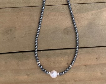 Grey Hematite Round Beads with White Akoya Pearl Necklace
