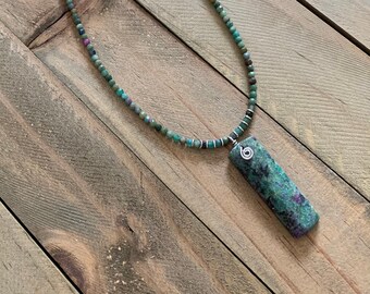 Green & Pink Ruby Fuschite Rectangle Pendant Necklace and Earrings