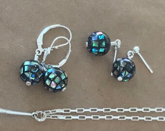Green, Black, Aqua and Purple Abalone Shell Round Earrings