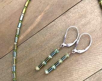 Multi-Green Crystals & Hematite Tubes - Earrings and Necklace