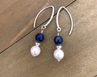Dark Blue Lapis and White Akoya Pearl Sterling Silver Earrings