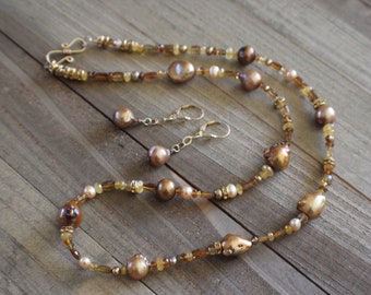 Golden Baroque Pearl Necklace: Brown Tourmaline, Gold Sapphires and 14K Clasp