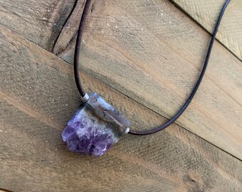 Purple Amethyst Geode Section with Sterling Silver on Leather Cord