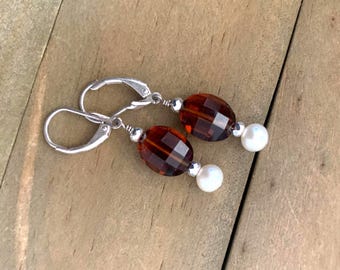 Brown Garnet and White Pearl Sterling Silver Earrings