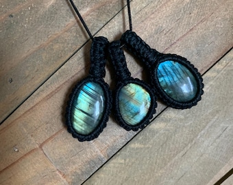 Blue, Green and Aqua Labradorite Pendants with Woven Black-Cord Bales