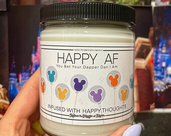 HAPPY AF|DISNEY Inspired Sparkly Candle | Tropical Volcano Scent | Home Decor, Best Friend Gift| Unique Gift| Mickey Balloon| For Her|