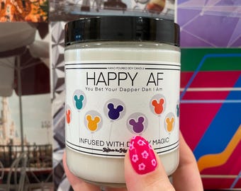 HAPPY AF|DISNEY Inspired Sparkly Candle | Tropical Volcano Scent | Home Decor, Best Friend Gift| Unique Gift| Mickey Balloon| For Her|