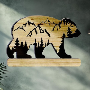 Decorazione murale in legno – Orso e montagne | Design naturale per gli amanti della natura e gli avventurieri – Decorazione murale – Decorazione per escursioni – Escursione