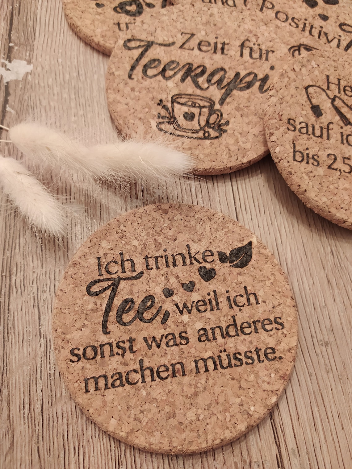 Korkuntersetzer mit verschiedenen Sprüchen Tee Untersetzer für Tassen