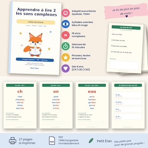 Op de afbeelding: Een Frans educatief leeswerkboek getiteld Apprendre à lire 2 les sons complexes met een vossenillustratie, samen met diverse werkbladen met blauw en rood kleurgecodeerde lettergrepen, leesoefeningen en teksten voor kinderen vanaf zes jaar.