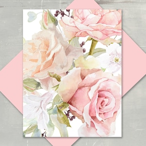 May include: A watercolor painting of a bouquet of pink and peach roses with white flowers. The roses are in various stages of bloom, with some fully open and others still in bud. The flowers are arranged in a loose, natural style, and the background is a soft white.