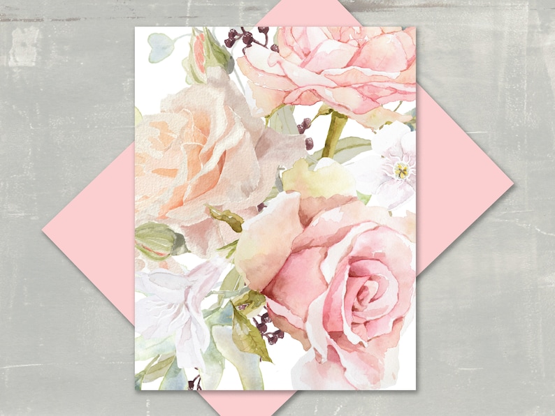 Watercolor Pink Rose Greeting Card: Elegant Floral Note Card With Blush ...
