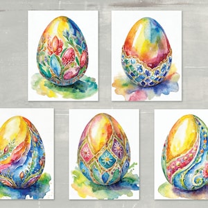 May include: Six watercolor paintings of colorful Easter eggs with intricate designs. Each egg is painted in a different color scheme, with details like flowers, swirls, and geometric patterns.