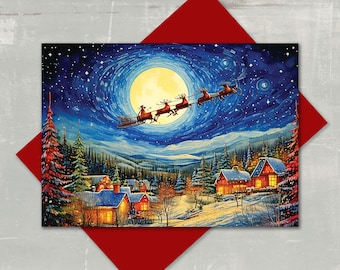May include: Christmas card featuring a vibrant painting of Santa Claus in a sleigh pulled by reindeer, flying over a snowy village under a full moon and starry night sky. The card is set against a red background.