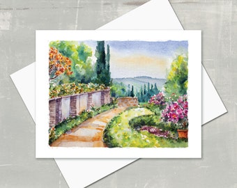 Set of 10 Tuscan Garden with Orange & Pink Flowers watercolor note cards with envelopes. FREE SHIPPING - Italian Countryside