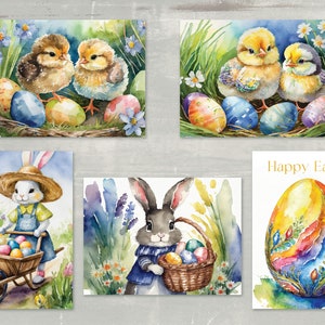 May include: Watercolor Easter cards featuring chicks, bunnies, and decorated eggs. One card says "Happy Easter". The cards have a soft, colorful aesthetic with a focus on spring and Easter themes. The illustrations are in a watercolor style.
