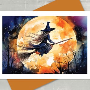 May include: Watercolor illustration of a witch flying on a broomstick in front of a large orange moon. The witch wears a dark blue dress and hat. Bare trees are silhouetted against a starry, dark blue sky. The image is on a white card.