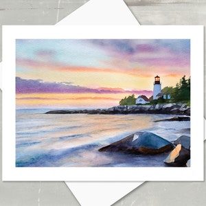May include: Watercolor painting of a lighthouse at sunset. The sky is a blend of orange, purple, and pink hues. The lighthouse is white with a black top, and sits on a rocky coastline. The ocean is calm, with gentle waves.