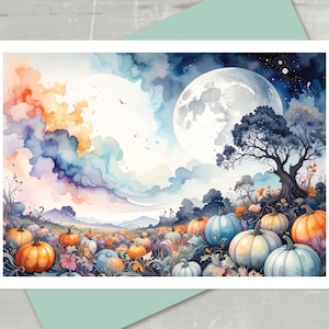 May include: Watercolor painting of a harvest scene with pumpkins in shades of orange, blue, and white. A large full moon and colorful clouds fill the sky. A tree and rolling hills are in the background. The artwork is on a white card.