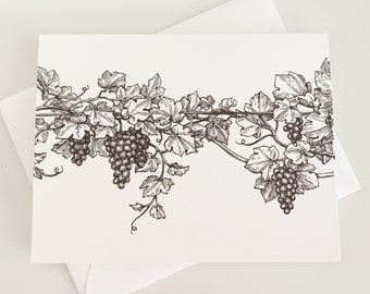 100% cotton Grape Vines 10 note cards with envelopes. FREE SHIPPING  Pen and ink drawing. Vineyard note card. Classic and elegant note card.