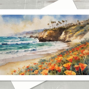 May include: A watercolor painting of a beach scene with a rocky cliff, palm trees, and a sandy beach with orange flowers. The ocean is blue and green with white waves.