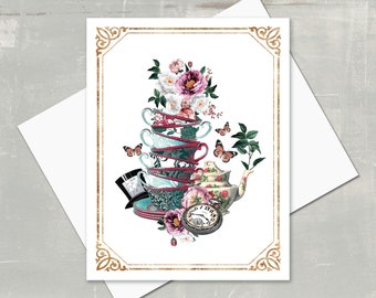 Alice in Wonderland Note Card: Floral Mad Hatter Tea Cups - Blank Greeting Card