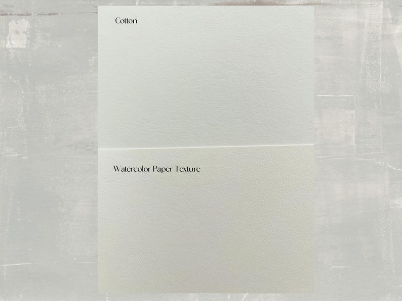 May include: Close-up of two white paper samples. The top sample is labeled "Cotton". The bottom sample is labeled "Watercolor Paper Texture".
