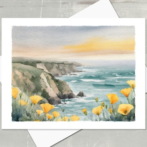 May include: Watercolor painting of a coastal scene with a cliffside overlooking a blue ocean with yellow wildflowers in the foreground.