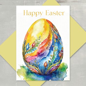 May include: Happy Easter greeting card featuring a watercolor painting of a colorful Easter egg with floral designs.