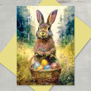 May include: A brown rabbit with long ears holds a basket filled with colorful Easter eggs in a woodland setting. The basket is woven and has a brown handle. The rabbit is standing on a bed of green grass and wildflowers.