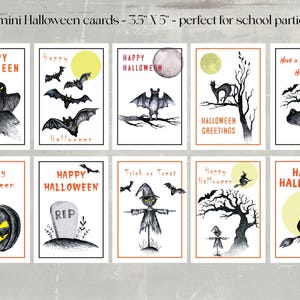 May include: Set of ten mini Halloween cards, each 3.5" x 5", featuring spooky illustrations. Designs include ghosts, bats, a black cat, a pumpkin, a tombstone, a scarecrow, and a witch on a broom. Each card has "Happy Halloween" or "Halloween Greetings" text.
