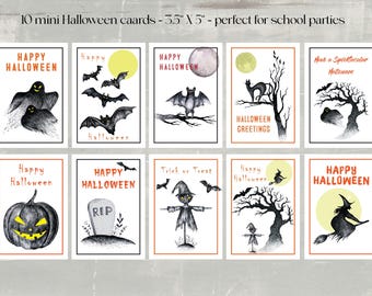 Spooky Halloween Mini Cards Set: Kids School Party Favors