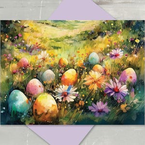 May include: Watercolor Easter greeting card featuring colorful eggs nestled in a field of wildflowers. The artwork showcases a vibrant palette of yellows, greens, pinks, and blues, evoking a springtime atmosphere. The card is set against a lavender envelope.