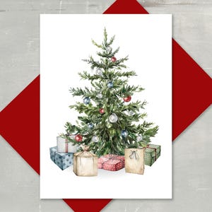 Watercolor Christmas Tree Card Set: Elegant Holiday Stationery, Red/Green/White Envelopes