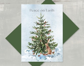 Peace on Earth Card | Winter Wildlife | Watercolor Christmas Tree Card | Goodwill Holiday Greeting