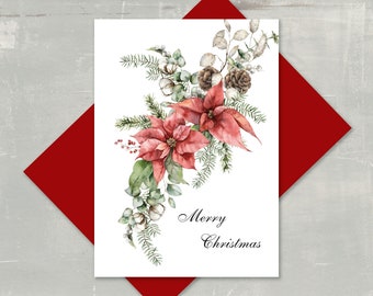 5" X 7" handmade Christmas cards. Set of 10 with envelopes. Two Poinsettias.  FREE SHIPPING - Holiday cards