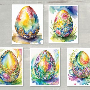 May include: Six watercolor paintings of intricately decorated Easter eggs. Each egg is painted with a different design, including floral patterns, geometric shapes, and swirls. The eggs are all set against a white background.