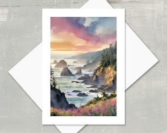 May include: Watercolour painting of a coastal scene with rocky cliffs, a blue ocean, and a pink and orange sunset sky.