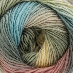 May include: A close-up of a ball of yarn with a gradient of blue, green, beige, and pink colours.