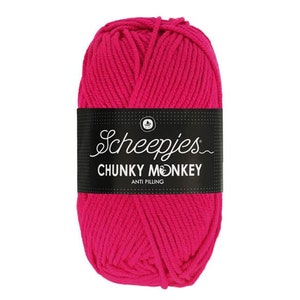 May include: A skein of pink yarn labeled "Scheepjes Chunky Monkey Anti Pilling"