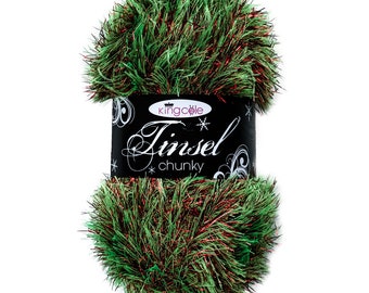 King Cole Tinsel Chunky Green/Red Sparkly Festive Glitter Yarn 50g - 3469 Ginger Spice