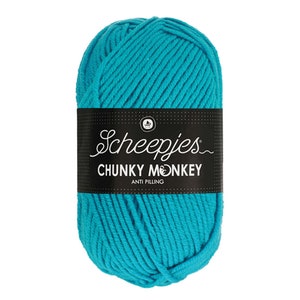 Puede incluir: Un ovillo de hilo azul turquesa etiquetado como "Scheepjes Chunky Monkey Anti Pilling"