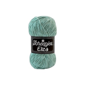 May include: A skein of light blue yarn labelled "Scheepjes Eliza" against a white background.
