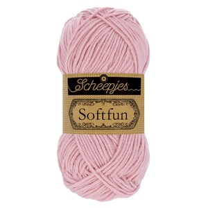 May include: A skein of pink yarn labelled "Scheepjes Softfun"