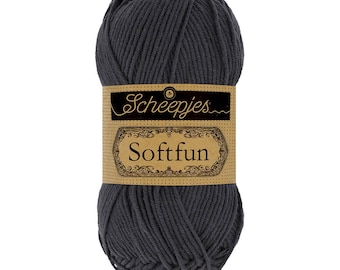 May include: A ball of dark gray yarn labeled "Scheepjes Softfun" on a brown label.