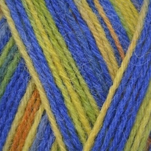 May include: Close-up of yarn with blue, yellow, green and orange stripes. The yarn is soft and fluffy, and the colours are vibrant.
