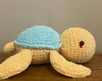 Mother's Day Gift Crochet Turtle Plush | Blue Yellow Velvet Yarn Stuffed Animal 10 Inch Handmade
