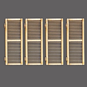 May include: Four wooden shutters, each with a horizontal slat design, are closed and hinged together. The shutters are a light brown color and have a rustic, weathered look.
