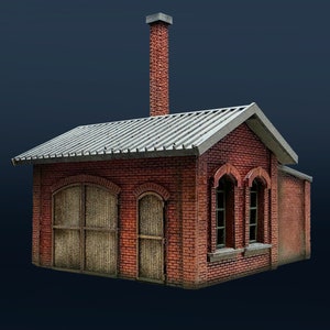 Könnte beinhalten: Ein rotes Backsteingebäude mit einem grauen Dach und einem Schornstein. Das Gebäude hat zwei große Bogen-Türen und zwei Bogen-Fenster. Das Gebäude ist ein Modell.